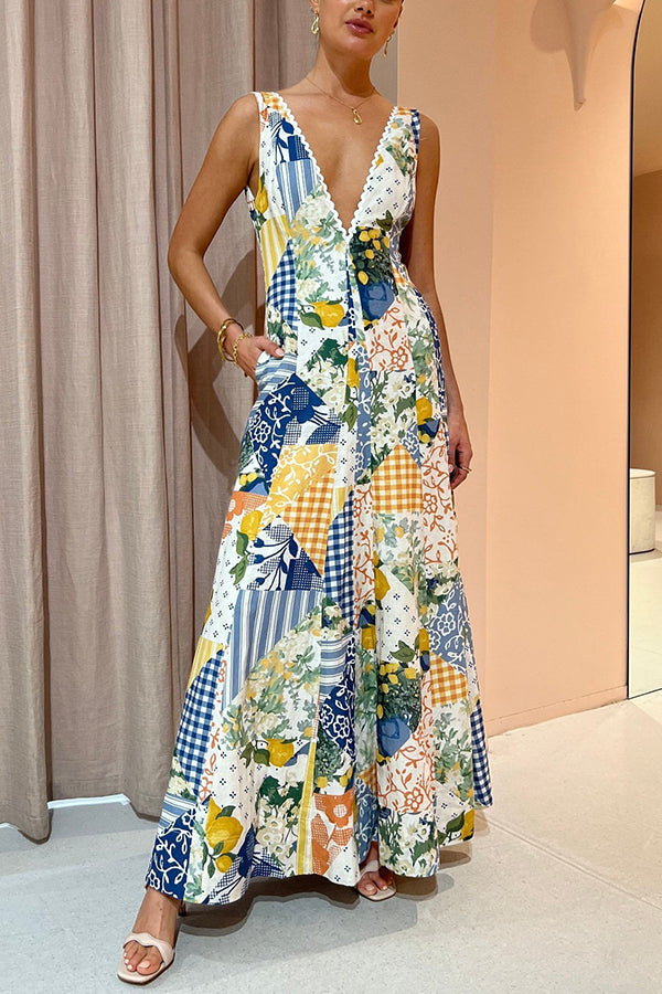 Paradise Linen Blend Patchwork Print Pocketed Maxi Dress