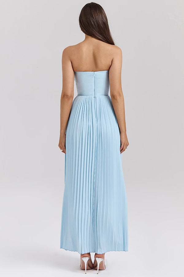 blue Pleated Strapless Maxi Dress