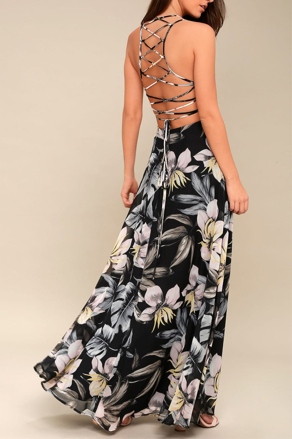 Black Floral Print Lace-Up Maxi Dress