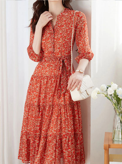 lyuba Vintage Ruffle Floral Chiffon Maxi Dress