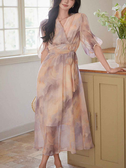 phoenix Classic V-Neck Floral Printed Tie Dress
