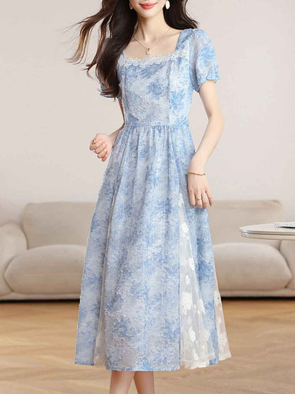 penny Elegant Square Neck Jacquard Waisted Dress