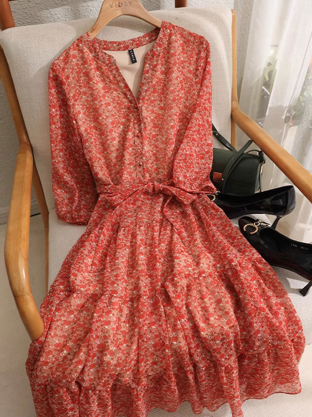 lyuba Vintage Ruffle Floral Chiffon Maxi Dress