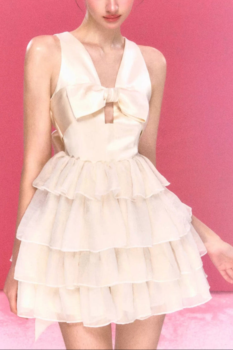Beige Bow Tiered Mini Dress
