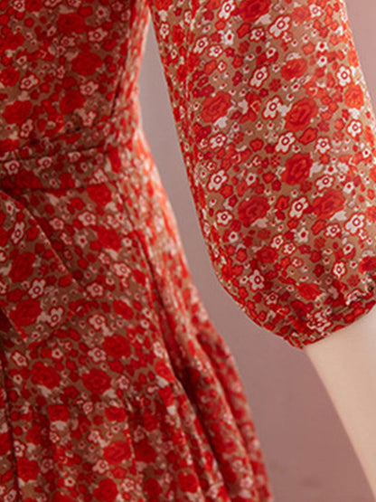 lyuba Vintage Ruffle Floral Chiffon Maxi Dress