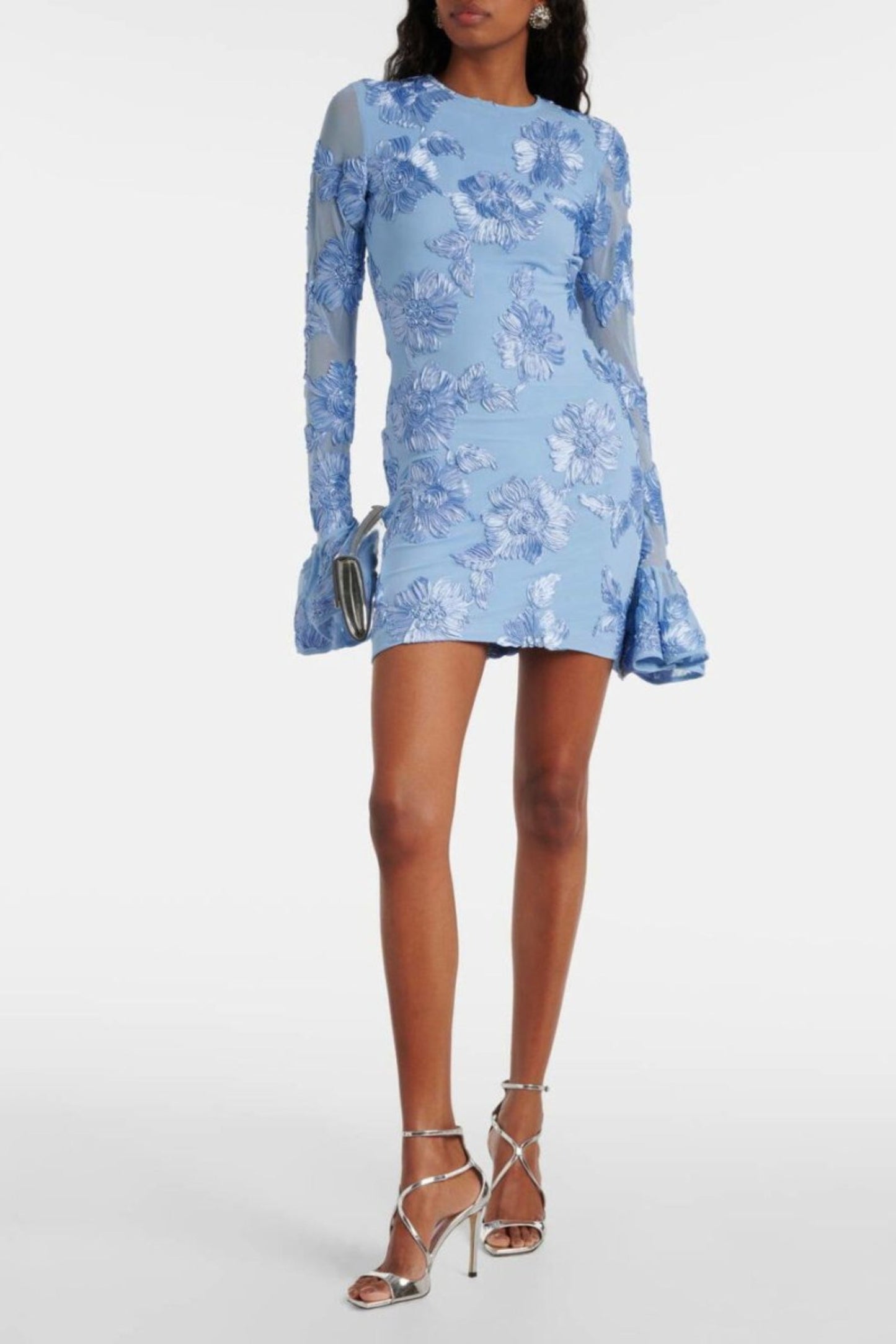 Embroidered Mesh Flare Sleeve Mini Dress