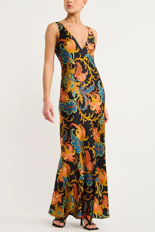 Mine Satin Exclusive Botanical Print Slip Maxi Dress
