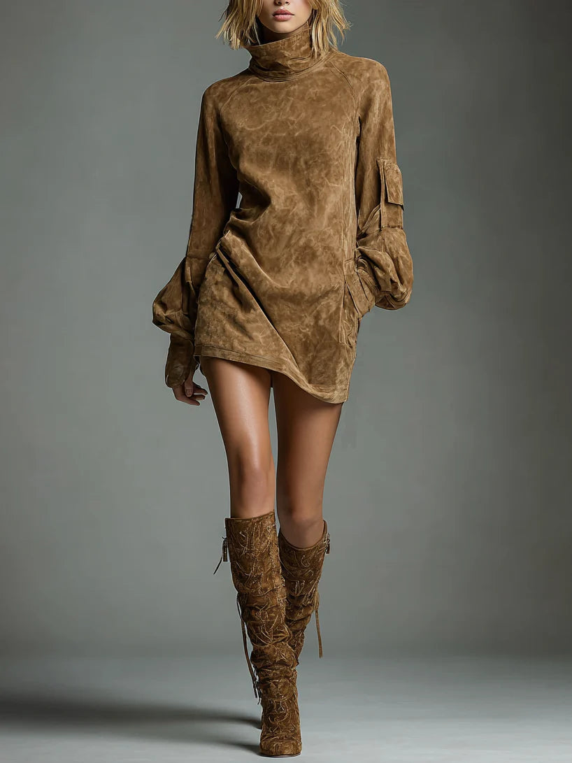Loose turtleneck mini dress made of suede