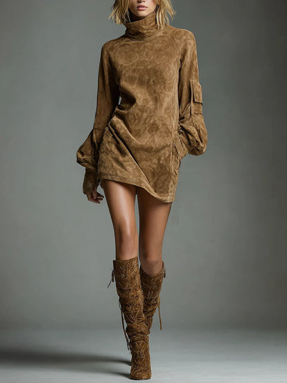 Loose turtleneck mini dress made of suede
