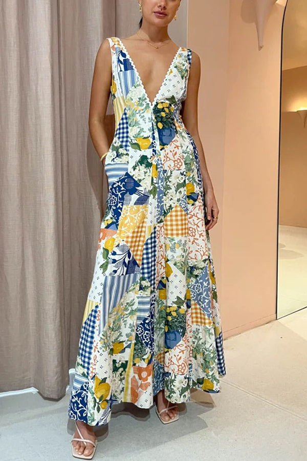 Paradise Linen Blend Patchwork Print Pocketed Maxi Dress