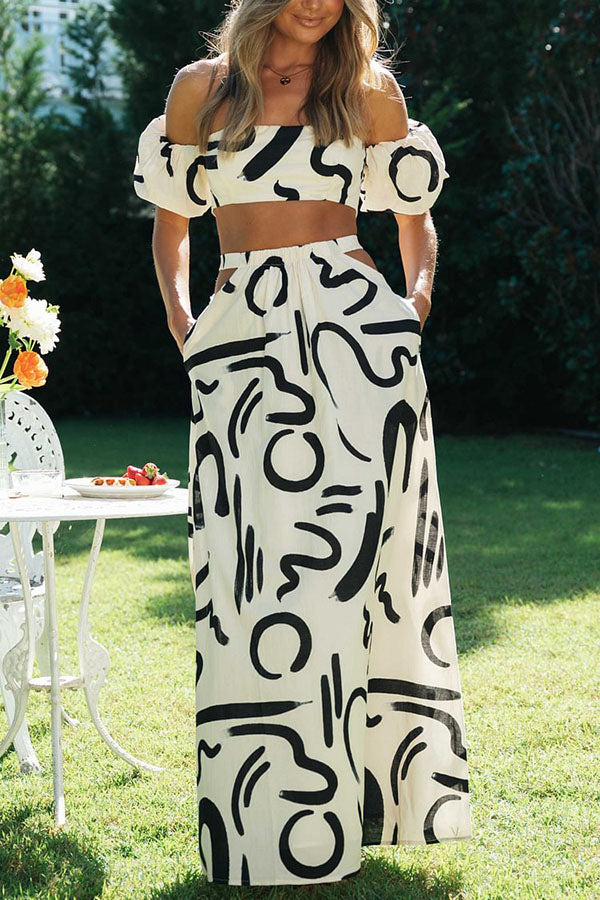 belinda Doodle Printed Off Shoulder Crop Top and Pocketed Cutout Maxi Skirt Set
