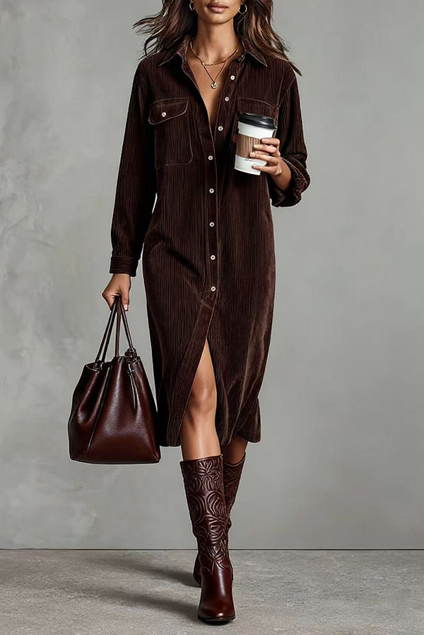 Solid Color Single-Breasted Pocket Casual Shirt-Style Midi Dress