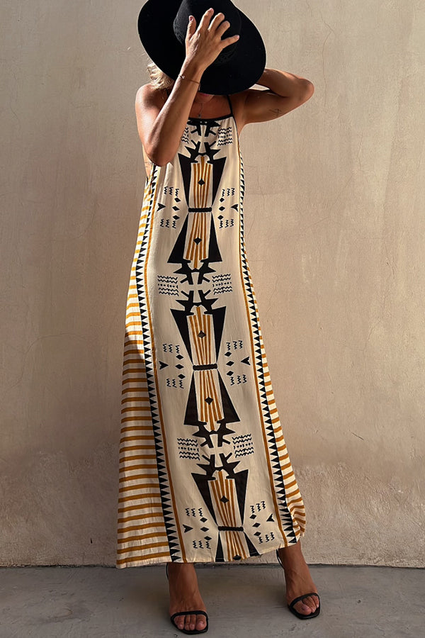 helen Ethnic Print Backless A-line Maxi Dress