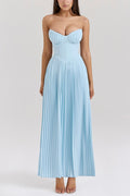blue Pleated Strapless Maxi Dress