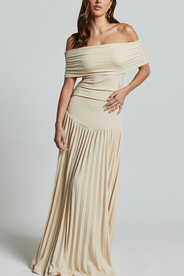 white Off-shoulder Slim Fit Pleated Maxi Dress