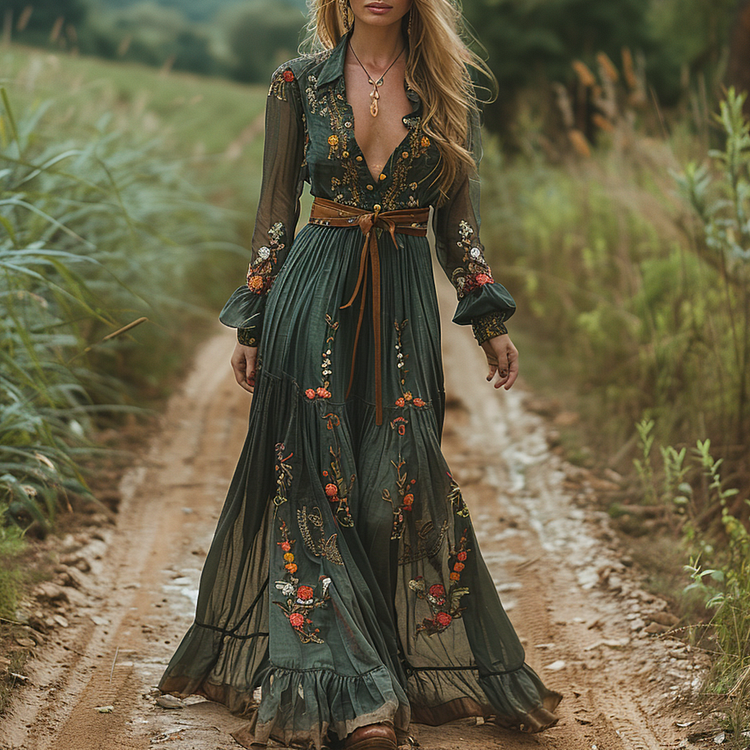 V-neck Linen Long-sleeved Long Dress