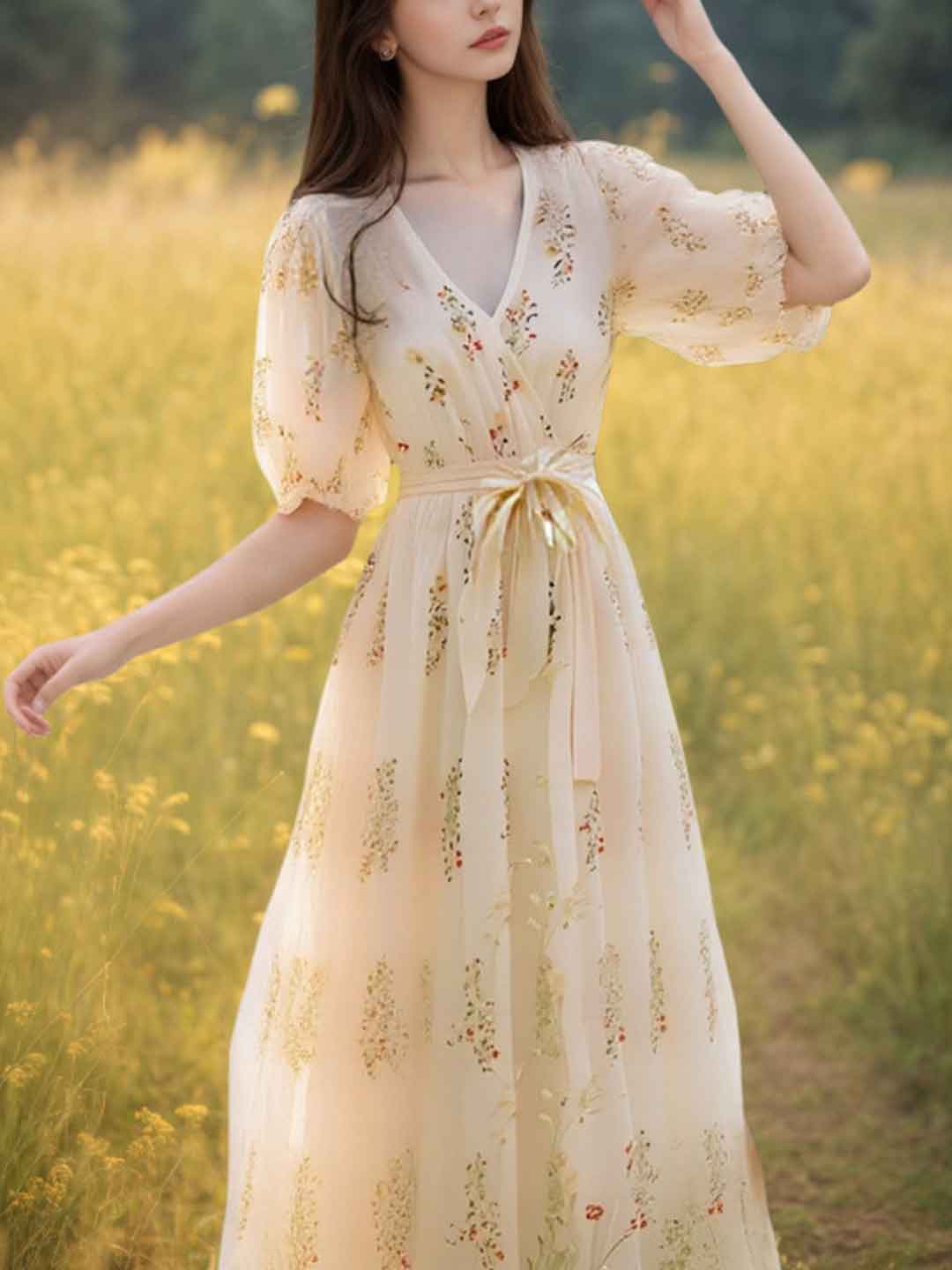 roxanne Vacation V-Neck Puff Sleeve Floral Dress