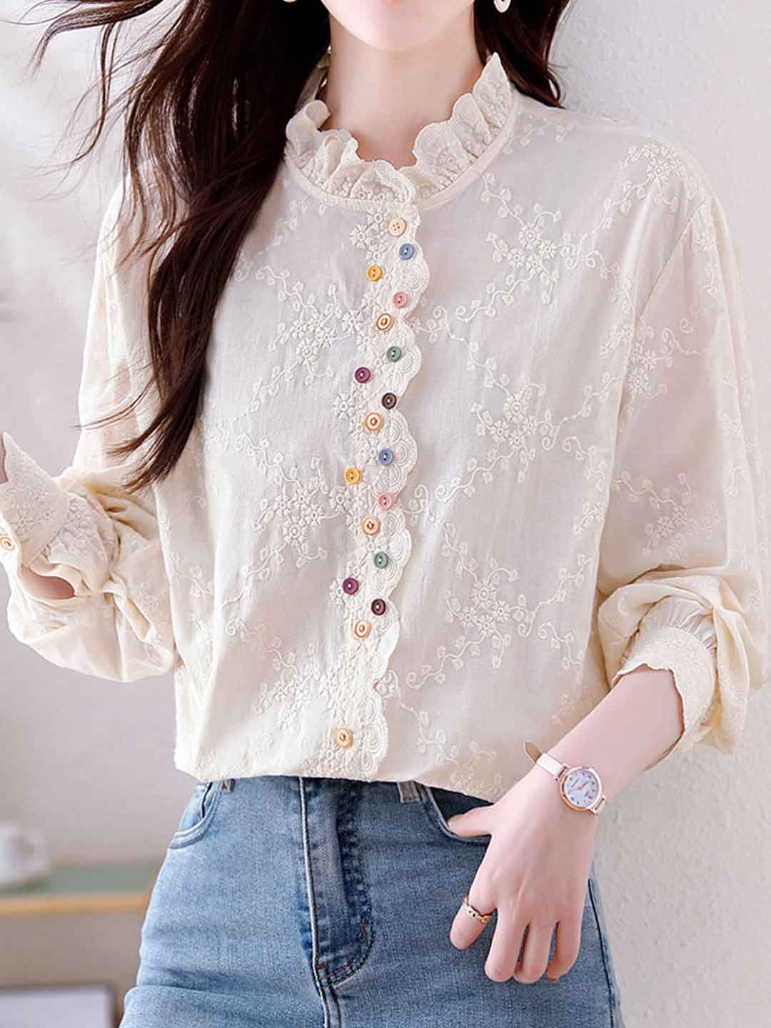 xaviera Classic Ruffle Collar Hollowed Embroidered Top
