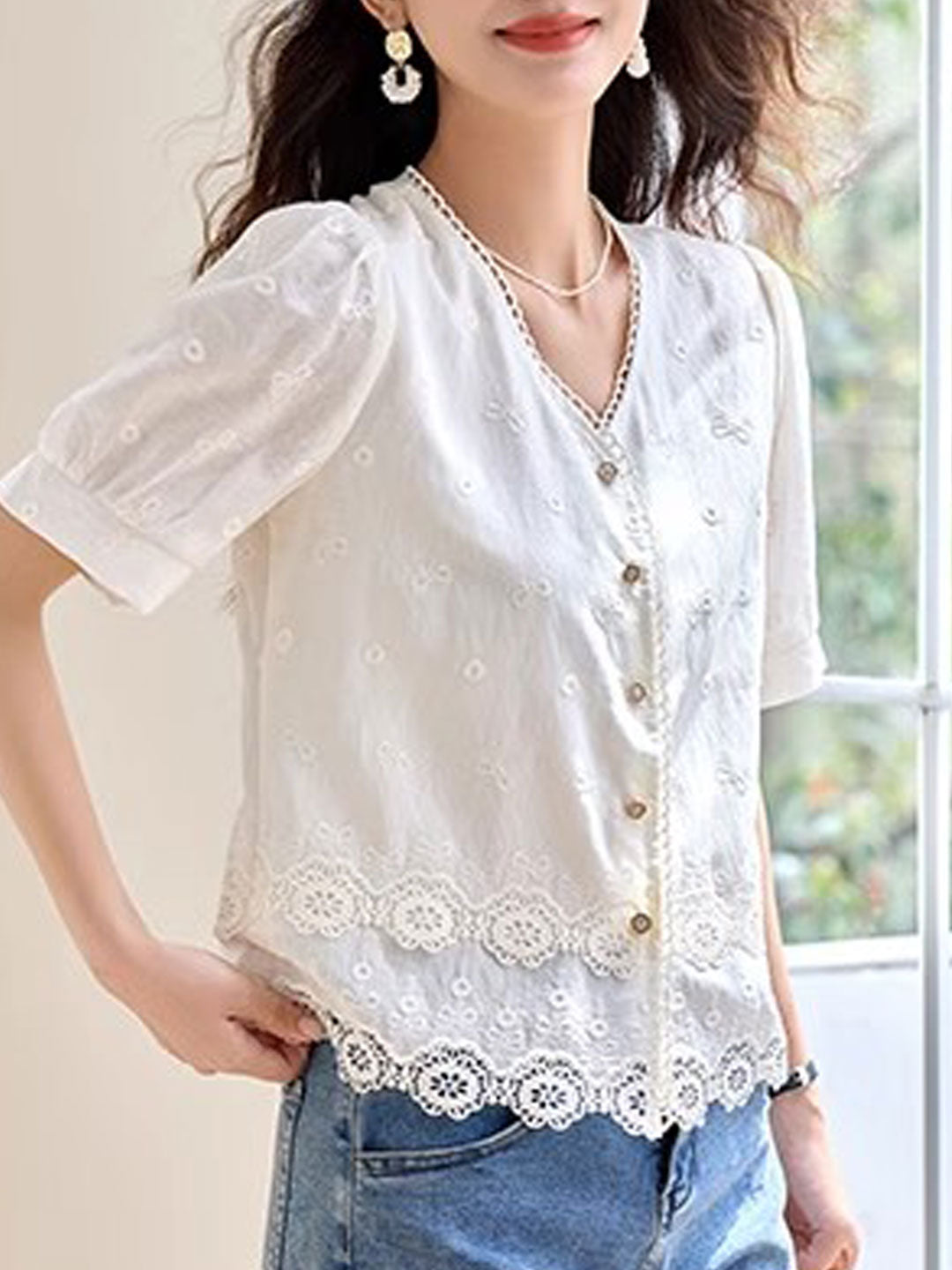 sabina Loose V-Neck Hollowed Lace Top