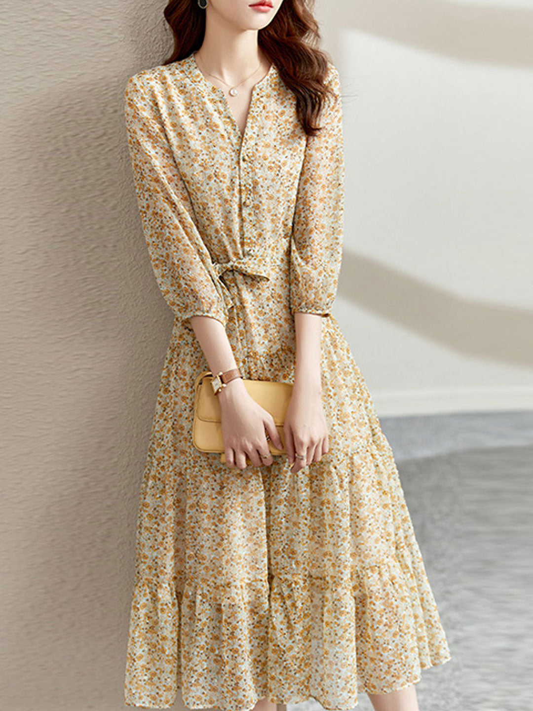 lyuba Vintage Ruffle Floral Chiffon Maxi Dress