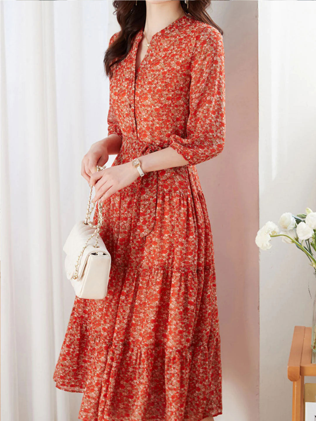 lyuba Vintage Ruffle Floral Chiffon Maxi Dress