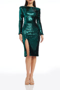 sequin slit stretch midi dress in deep emerald