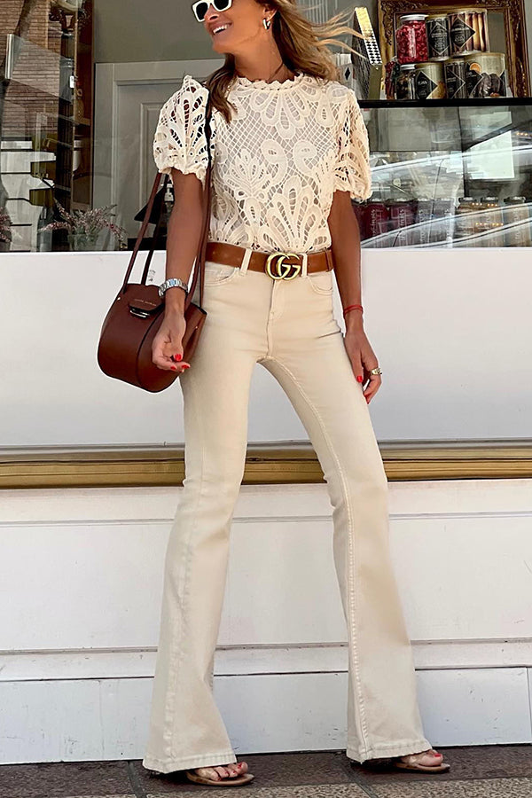 The Sun Crochet Lace Puff Sleeve Blouse