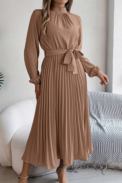 Elegant Stand-collar Long-sleeve Waisted Tie-up Pleated Midi Dress