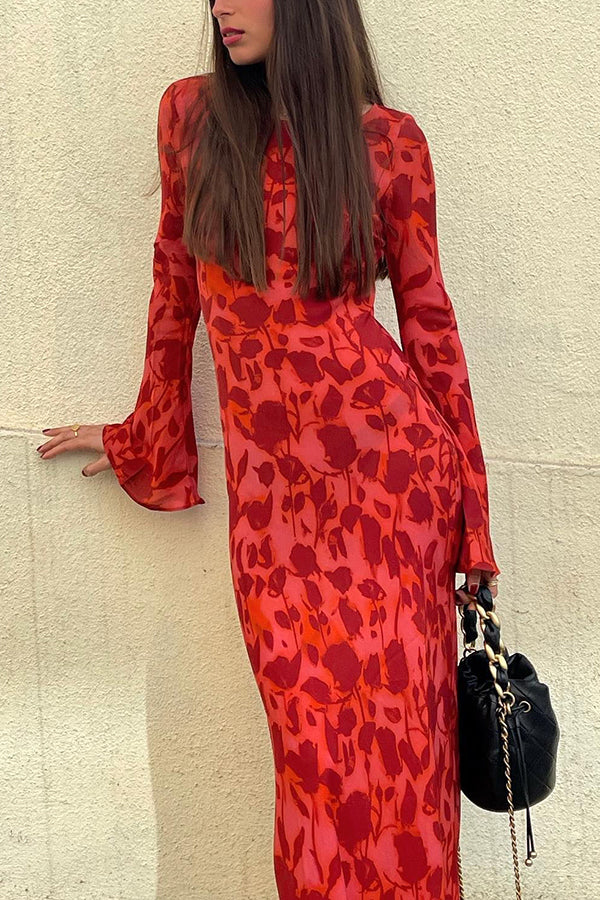 red Print Boat Neck Long Bell Sleeve Bias Cut Maxi Dress