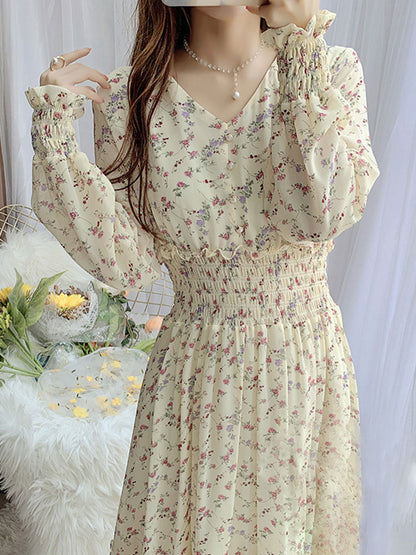 janet Classic Floral Ruffle Chiffon Dress-Yellow