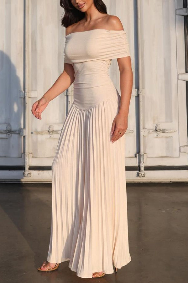 white Off-shoulder Slim Fit Pleated Maxi Dress