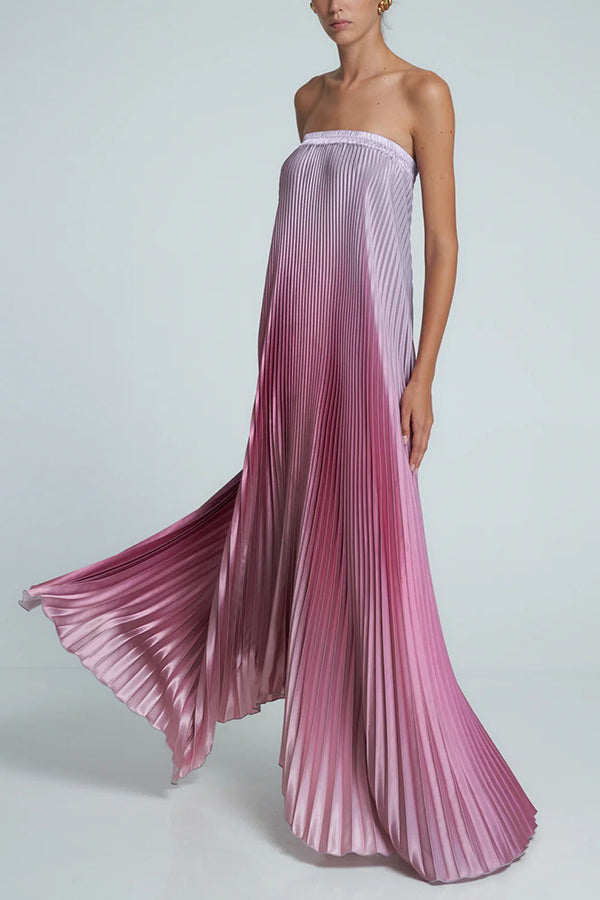 Satin Pleated Elastic Bust Strapless A-line Gown Maxi Dress
