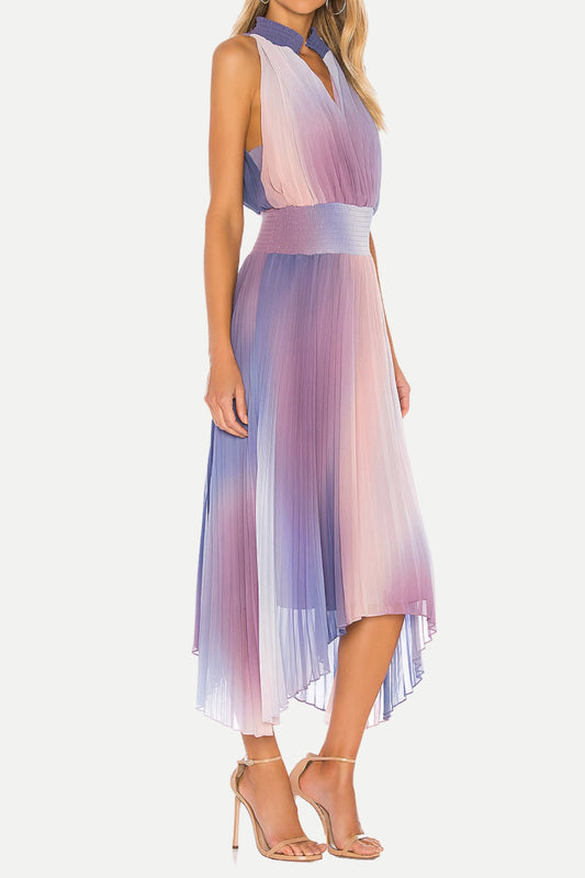 halter neck pleated midi dress in lavender tie dye