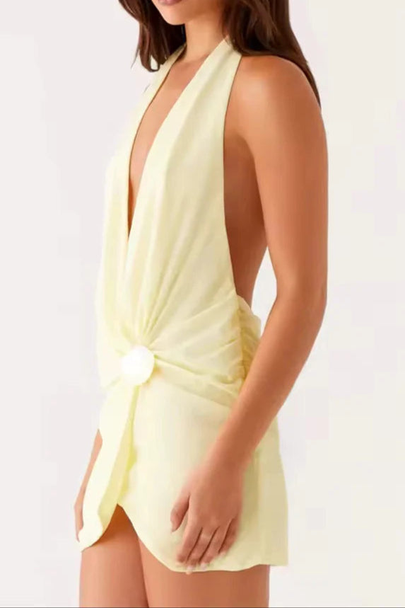 pale yellow Beach Halter Neck Mini Dress