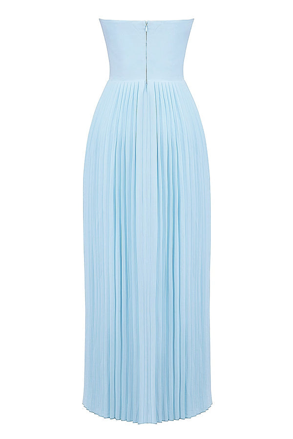 blue Pleated Strapless Maxi Dress