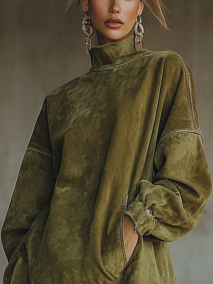 Olive Faux Suede Turtleneck Dress With Fringe Hem