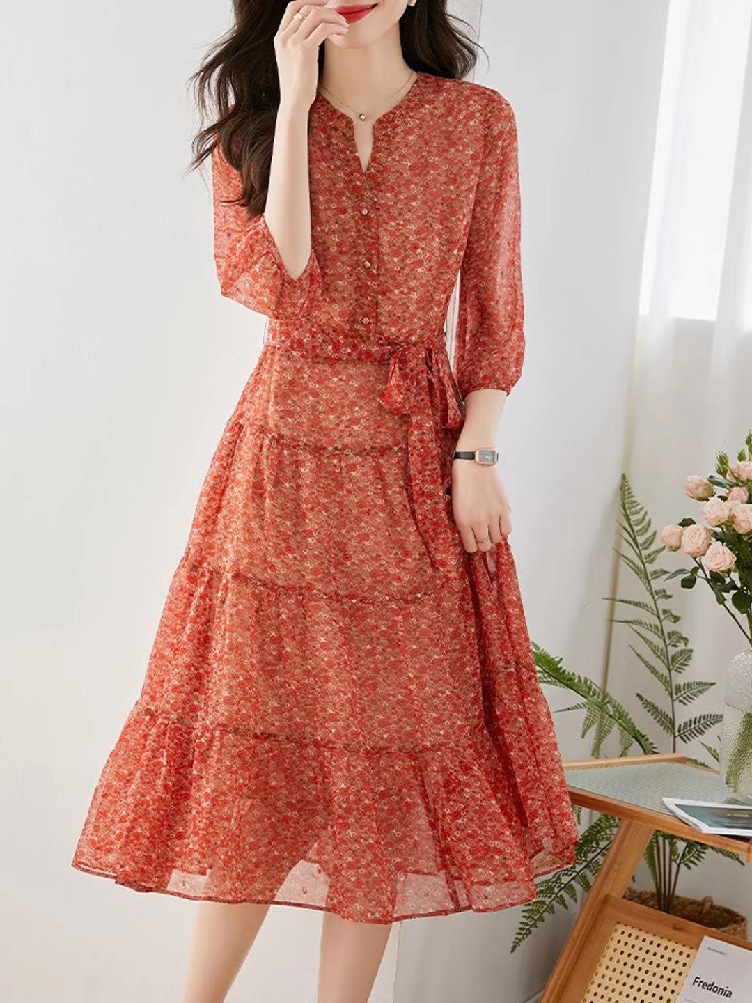 lyuba Vintage Ruffle Floral Chiffon Maxi Dress