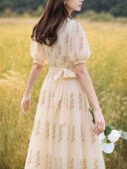 roxanne Vacation V-Neck Puff Sleeve Floral Dress