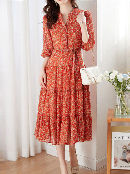 lyuba Vintage Ruffle Floral Chiffon Maxi Dress