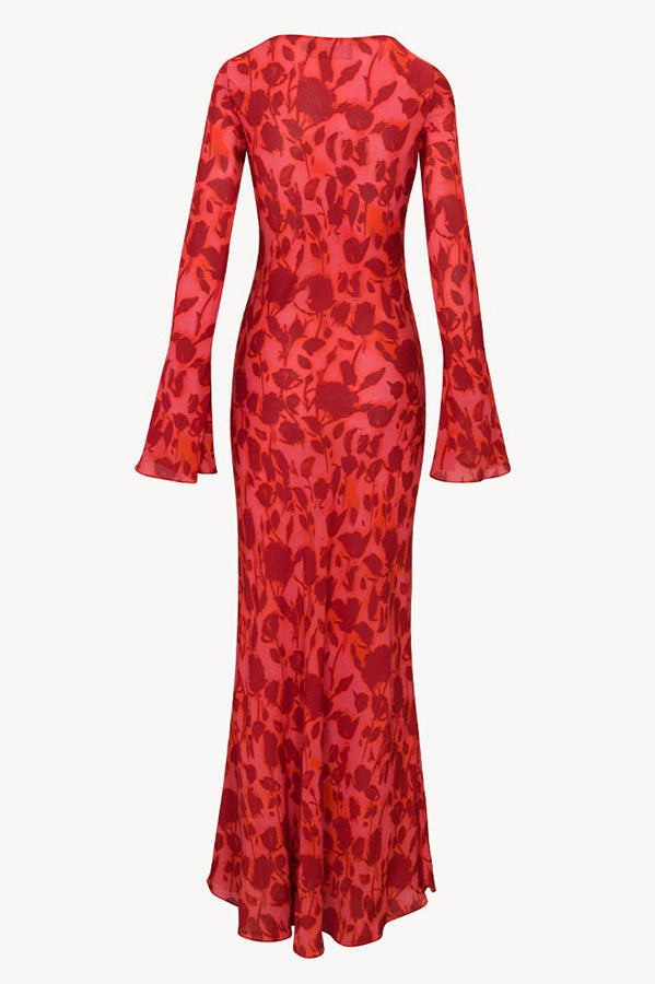 red Print Boat Neck Long Bell Sleeve Bias Cut Maxi Dress