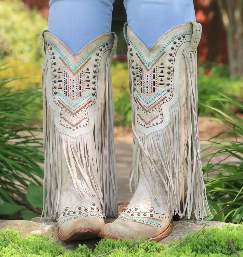 Genuine Leather Detailed Fringe Cowgirl Boots