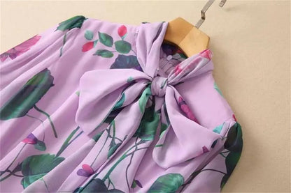 Purple floral print long-sleeved pleated maxi dress