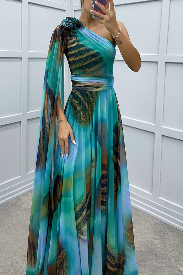 Print Floral Detail One Shoulder Draped Sleeve Gown Maxi Dress
