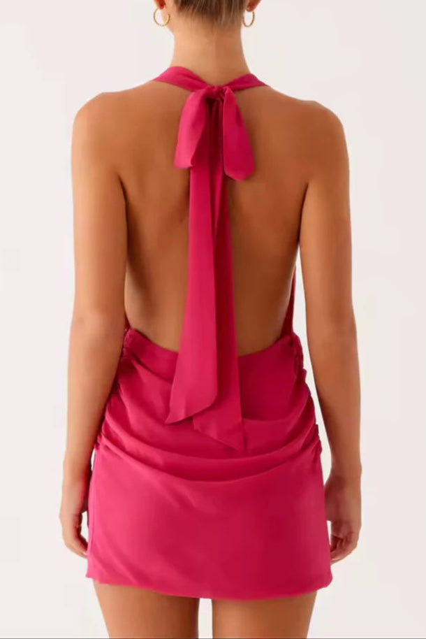 rose red Beach Halter Neck Mini Dress