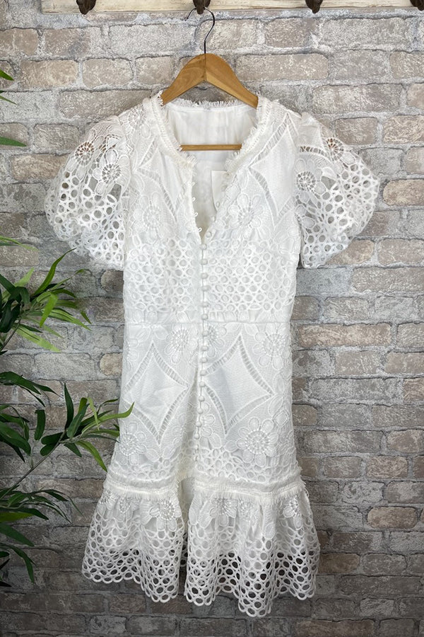 white Lace Puff Sleeve Button Up Mini Dress