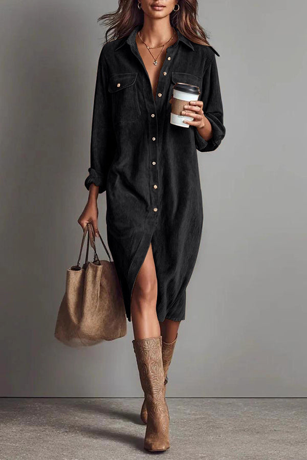 Solid Color Single-Breasted Pocket Casual Shirt-Style Midi Dress
