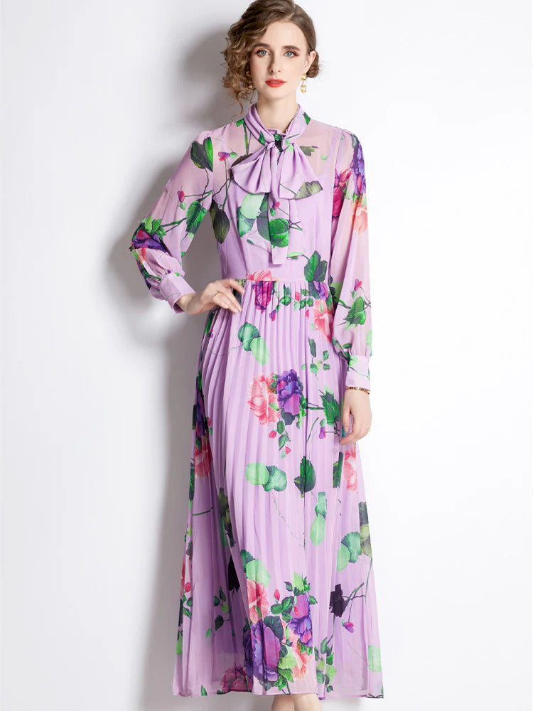 Purple floral print long-sleeved pleated maxi dress