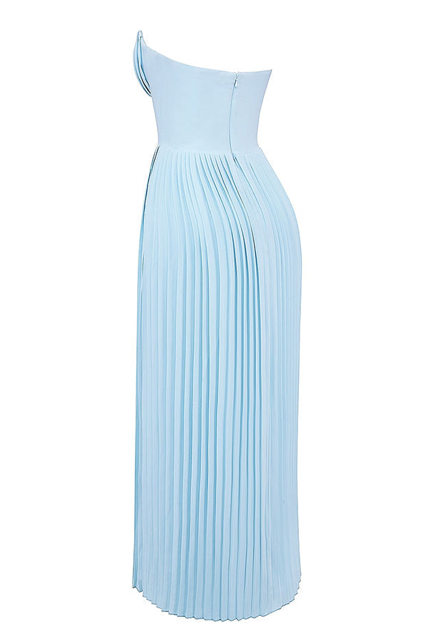 blue Pleated Strapless Maxi Dress