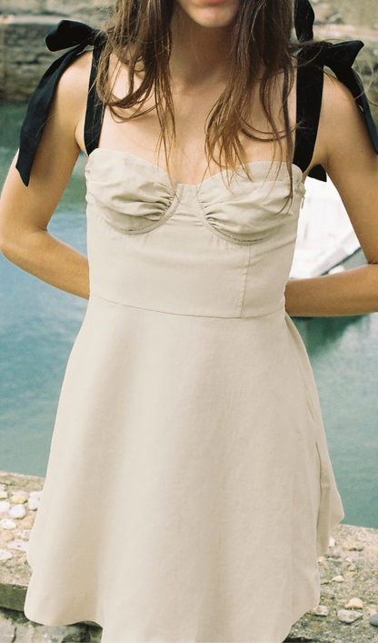 Linen Blend Mini Dress - Contrast Bow Detail Summer Dress
