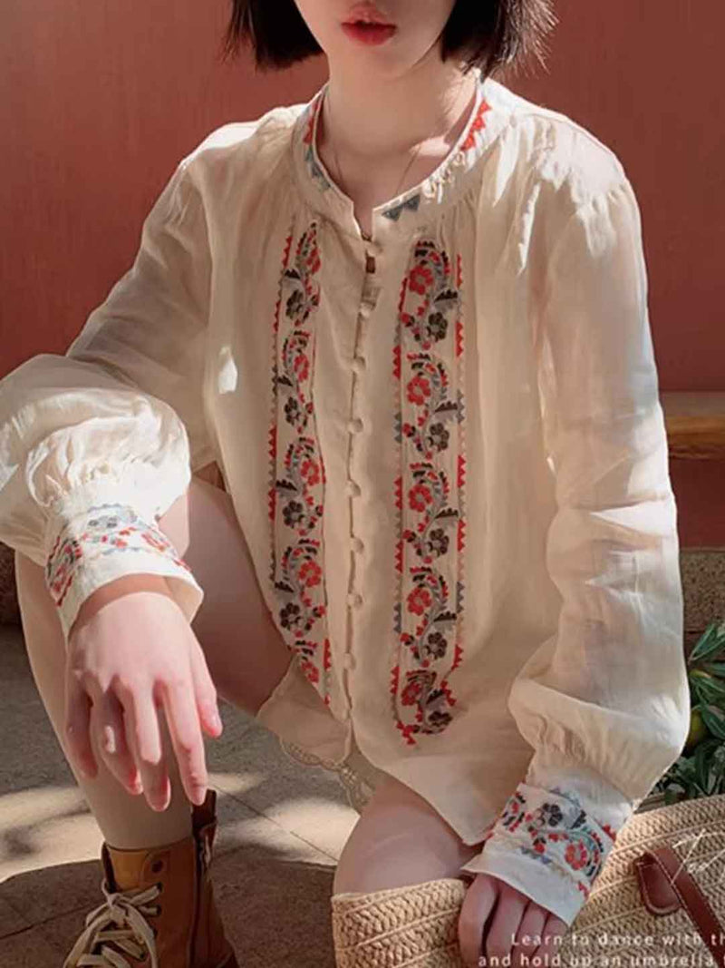 trista Loose Crew Neck Lantern Sleeve Embroidered Top